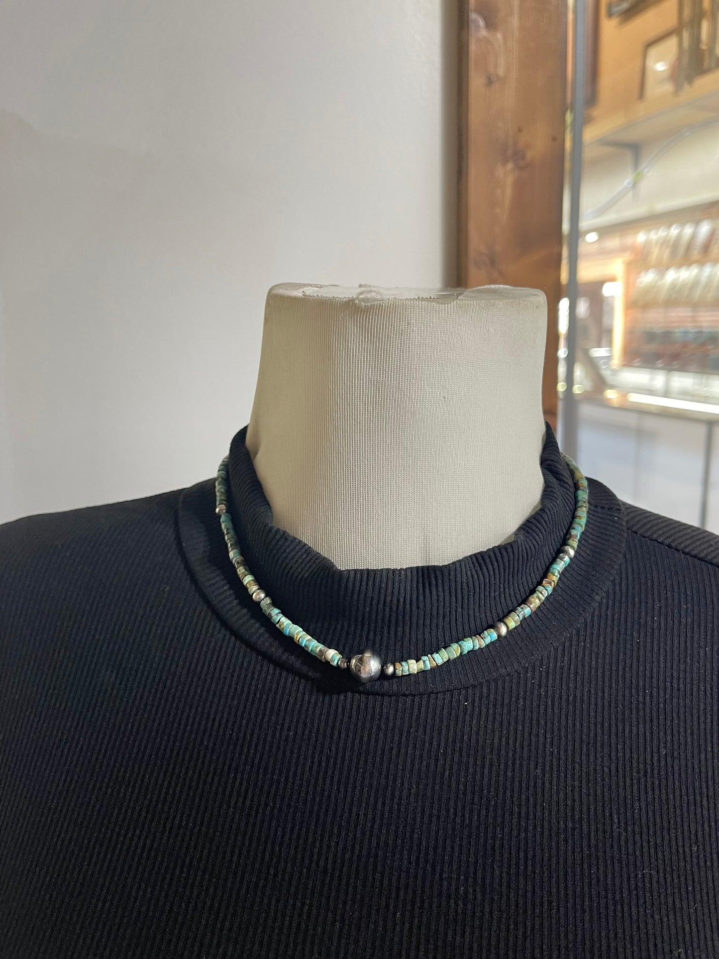 17" Turquoise Heishi Bead Necklace with Navajo Pearls