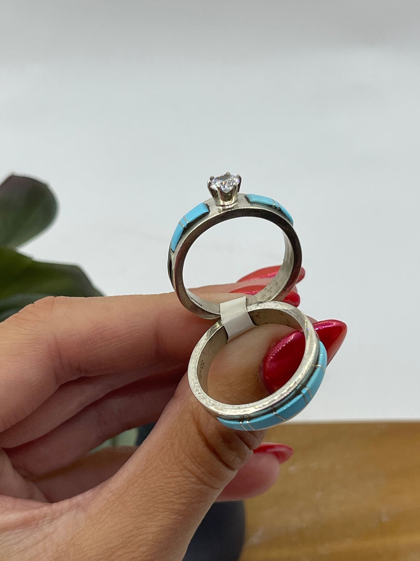 9.5 Sleeping Beauty Turquoise and Cubic Zirconia Engagement Ring and Wedding Band Sets
