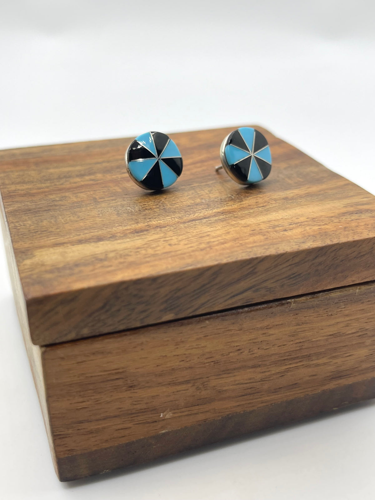 Black Onyx & Turquoise Inlay Circle Earrings by Johnson Laweka, Zuni