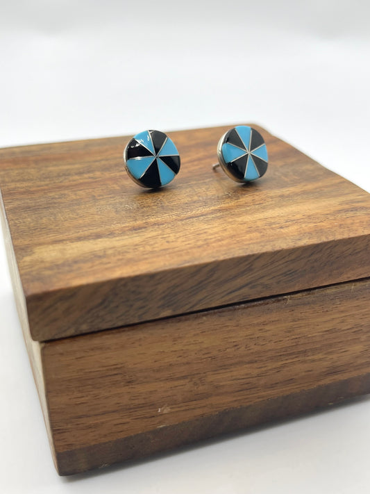 Black Onyx & Turquoise Inlay Circle Earrings by Johnson Laweka, Zuni