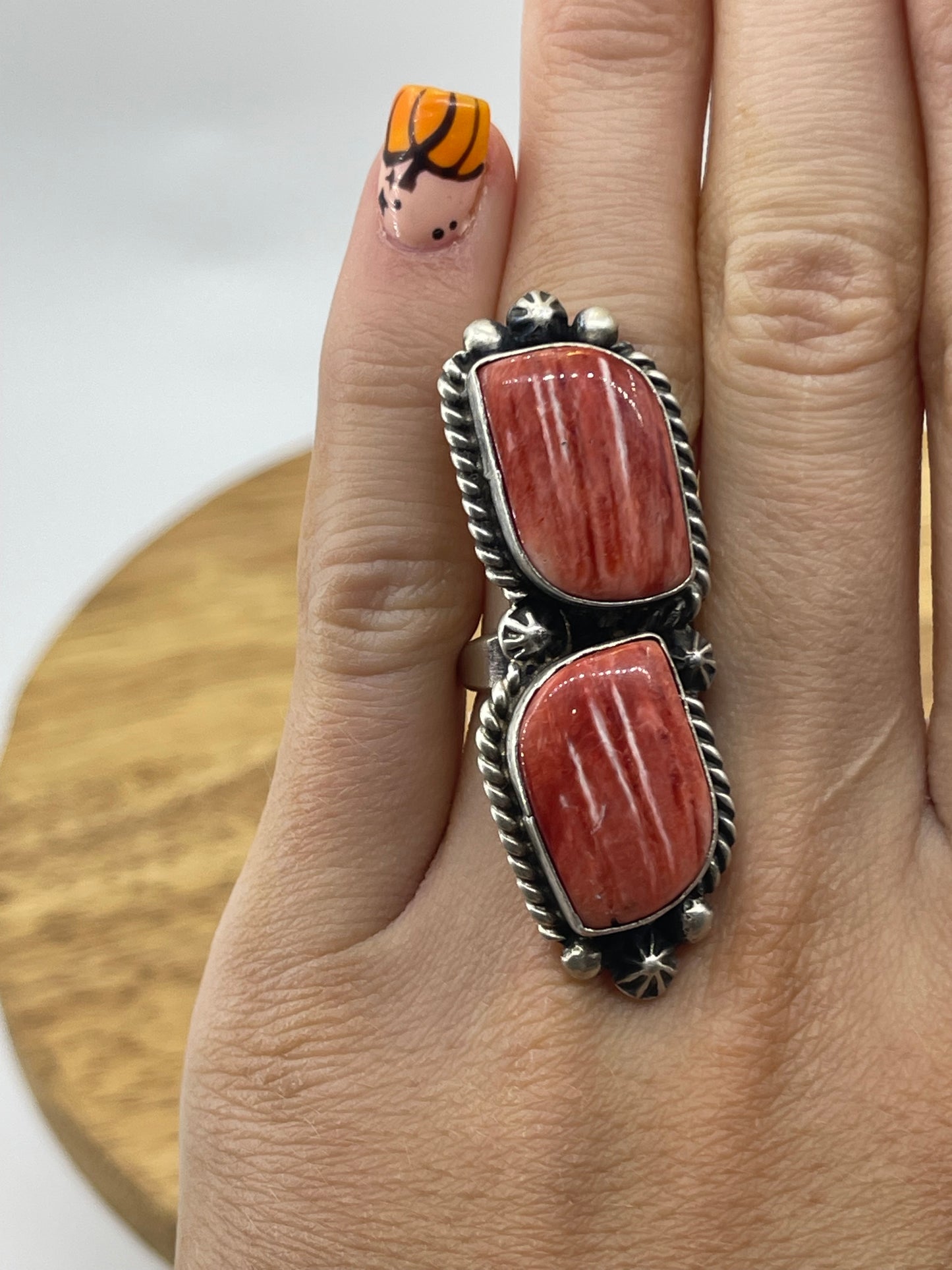 LOT 26 A 1/11 Adjustable 2 Stone Red Spiny Oyster Shell ring by Eugene Belone, Navajo
