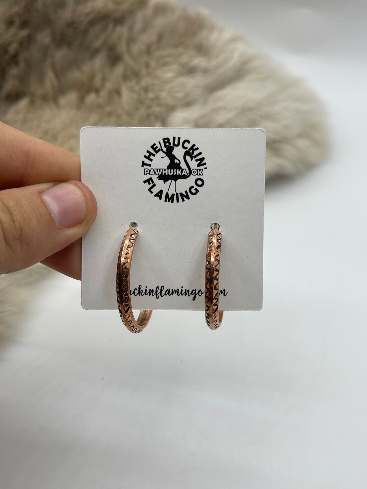 Stamped Copper Hoop Earrings by Elaine Tahe, Navajo