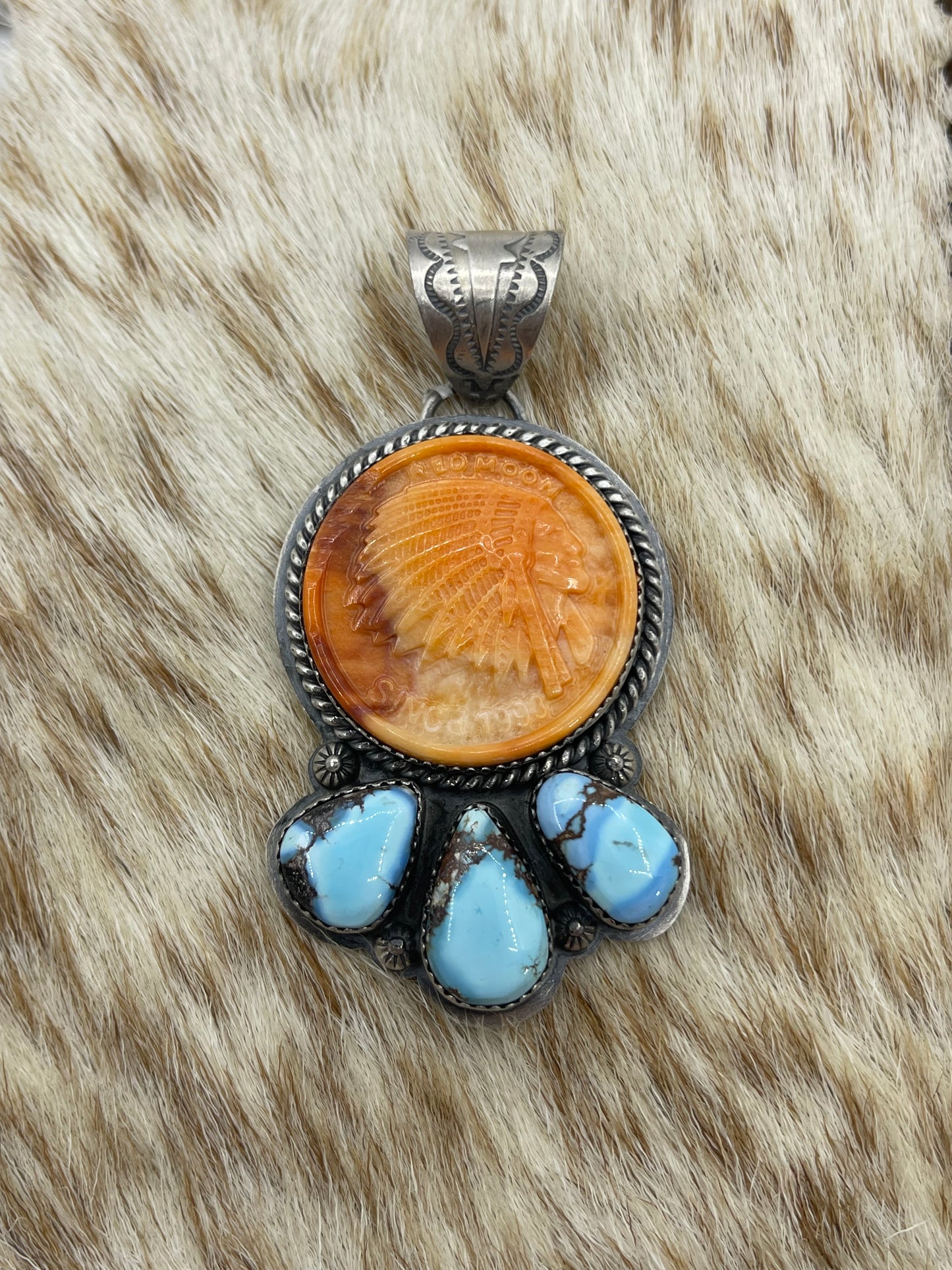 Spiny Orange & Golden Hills Turquoise Pendant