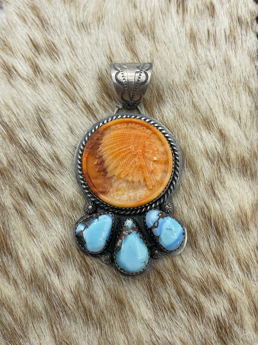 Spiny Orange & Golden Hills Turquoise Pendant