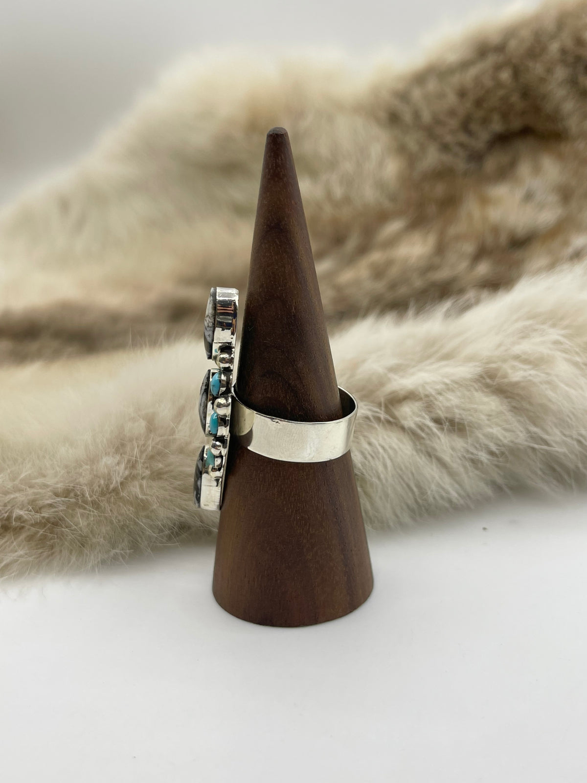 11.0 White Buffalo & Sleeping Beauty Turquoise Ring by David Lopez, Navajo