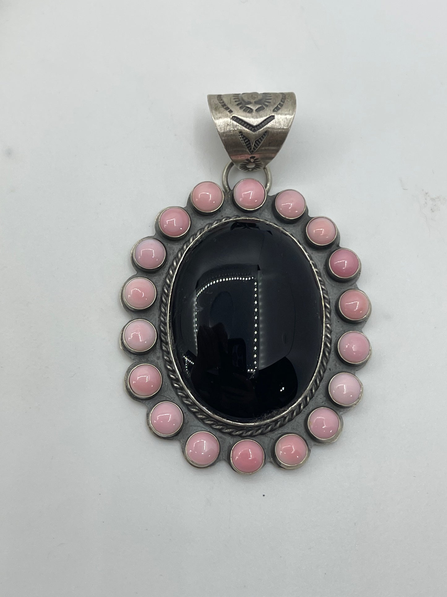 Black Onyx & Pink Conch Shell Cluster Pendant by Calvin Delgarito, Navajo