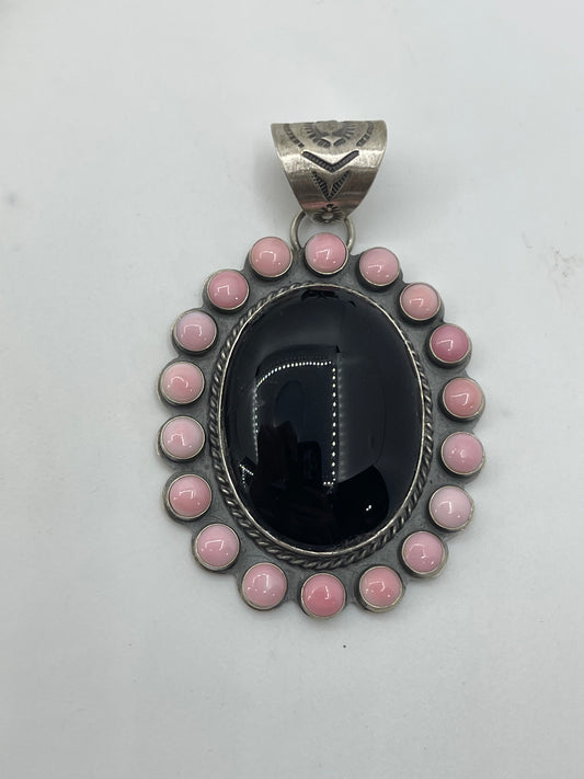 Black Onyx & Pink Conch Shell Cluster Pendant by Calvin Delgarito, Navajo