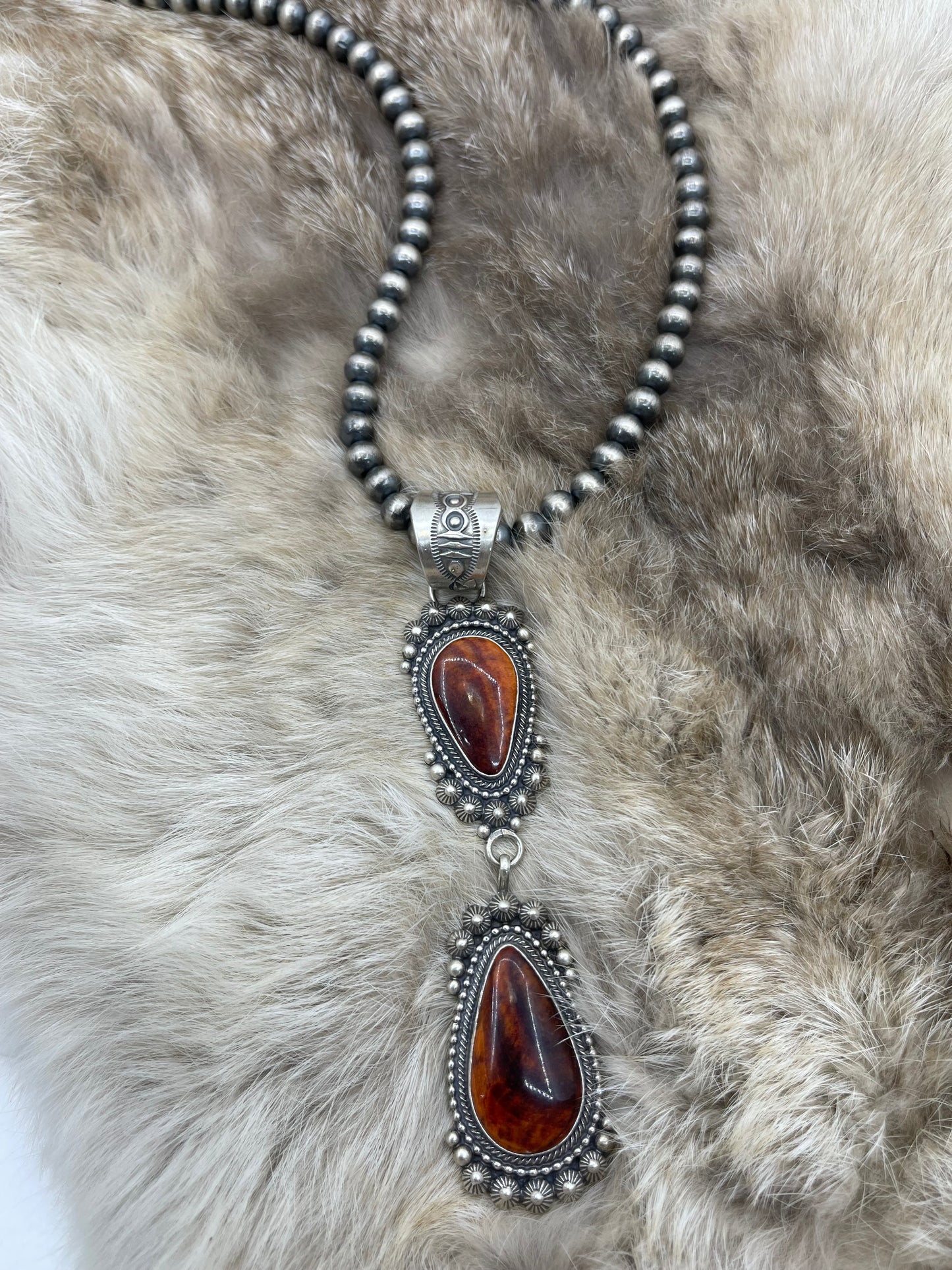 Dark Spiny Oyster 2 Stone Pendant on 20" 7mm Navajo Style Pearls by Tom Lewis, Navajo