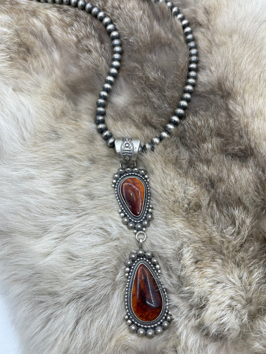 Dark Spiny Oyster 2 Stone Pendant on 20" 7mm Navajo Style Pearls by Tom Lewis, Navajo