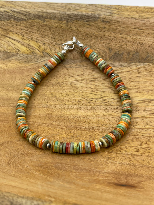 Spiney Oyster and Royston Turquoise Heishi Bead Bracelet with 3mm Pearls 8.5"