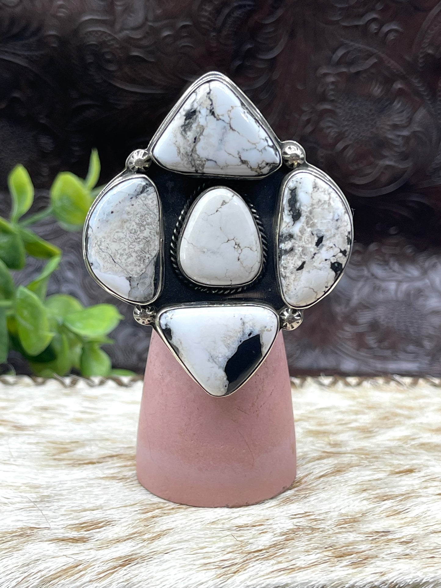 9.5 5 Stone White Buffalo Ring by Steven Nez, Navajo