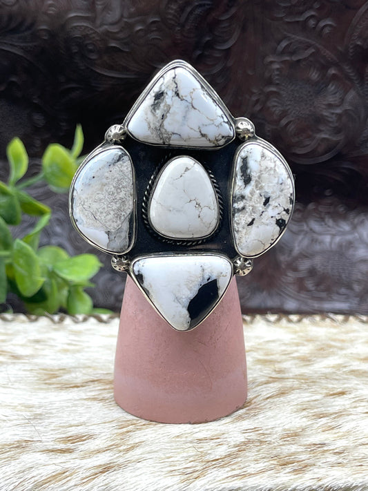 9.5 5 Stone White Buffalo Ring by Steven Nez, Navajo