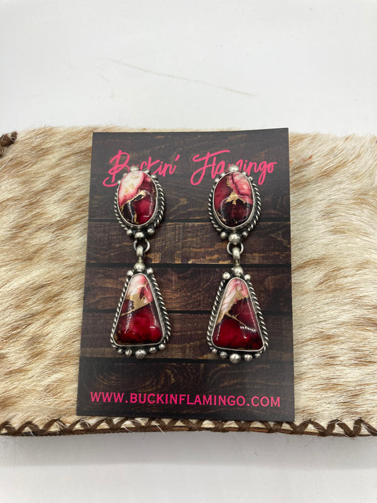 Dahlia Rose 2 Stone Post Dangle Earrings by Elouise Kee, Navajo
