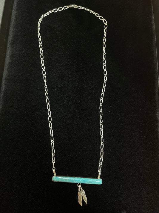 18" Turquoise Bar Necklace with Feathers by Angie Platero, Navajo