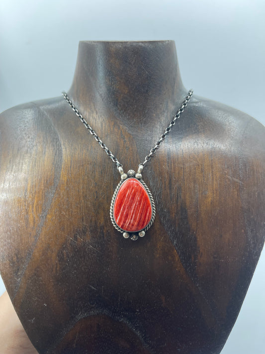 Red Spiny Oyster Shell Teardrop Necklace by Irene Kee, Navajo