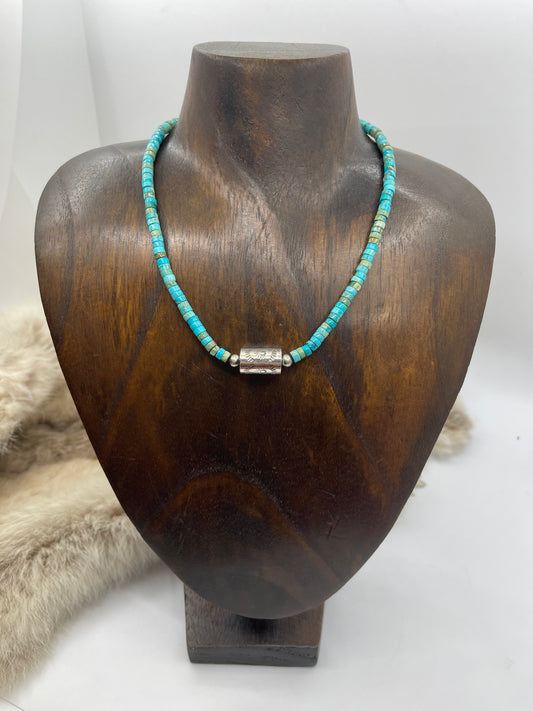 14" Magnesite Beads with Silver Stamped Barrel Bead Necklace
