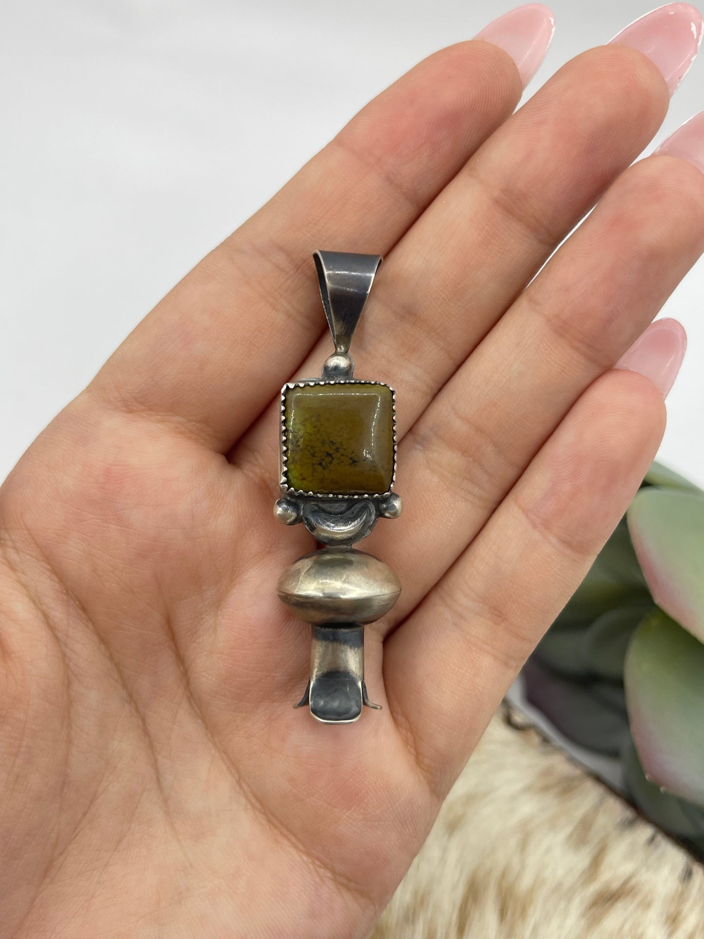 Royston Turquoise Squash Blossom Pendant with a 7mm Bale by Tia Long, Navajo