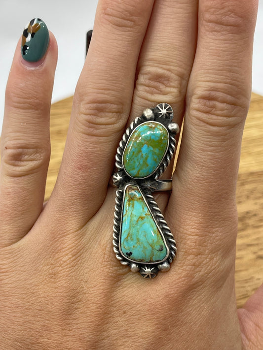 Adjustable 2 Stone Turquoise Ring by Eugene Belone, Navajo (6.0-12.0)
