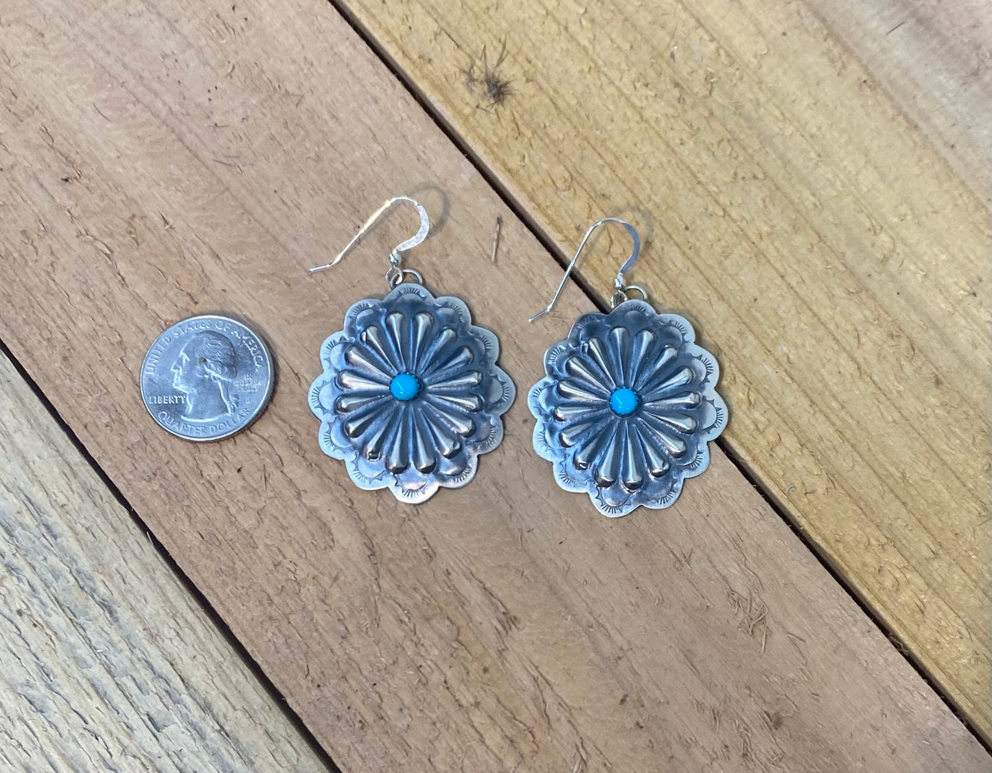 Hand Stamped Sterling Silver Concho with Sleeping Beauty Turquoise Dangle Earrings by Rita Daye