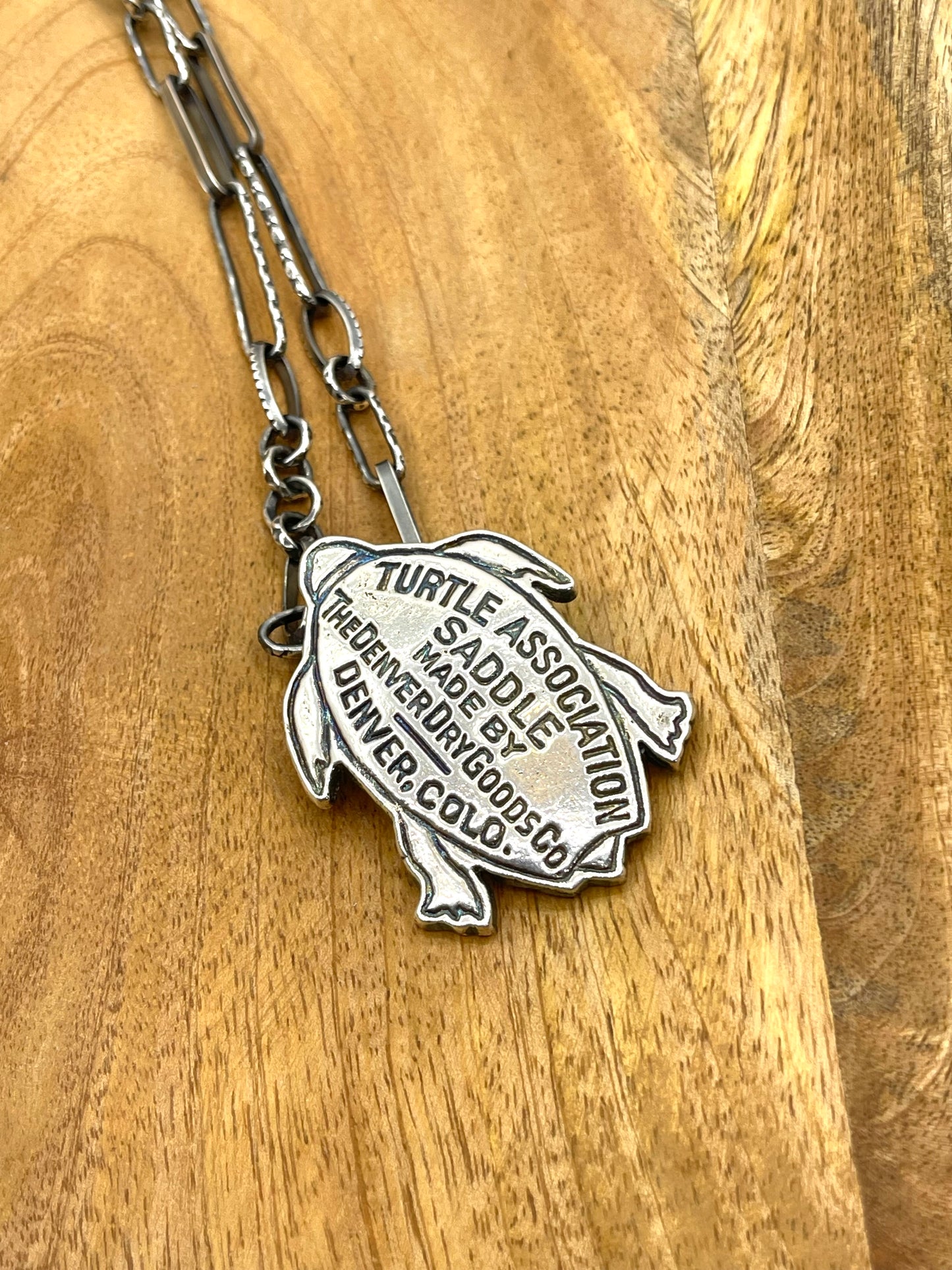22" Turtle Association Pendant on Handmade Paperclip Chain, by Bad Bronc
