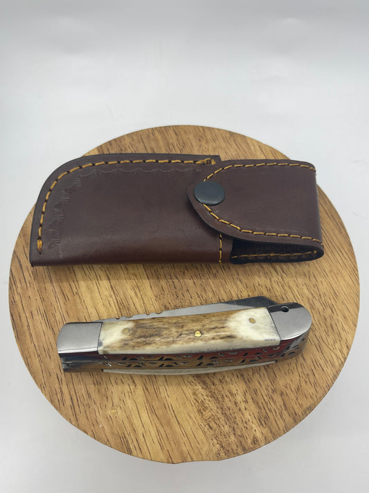Antler Handle 2 Blade Trapper Folding Knife With Leather Sheeth