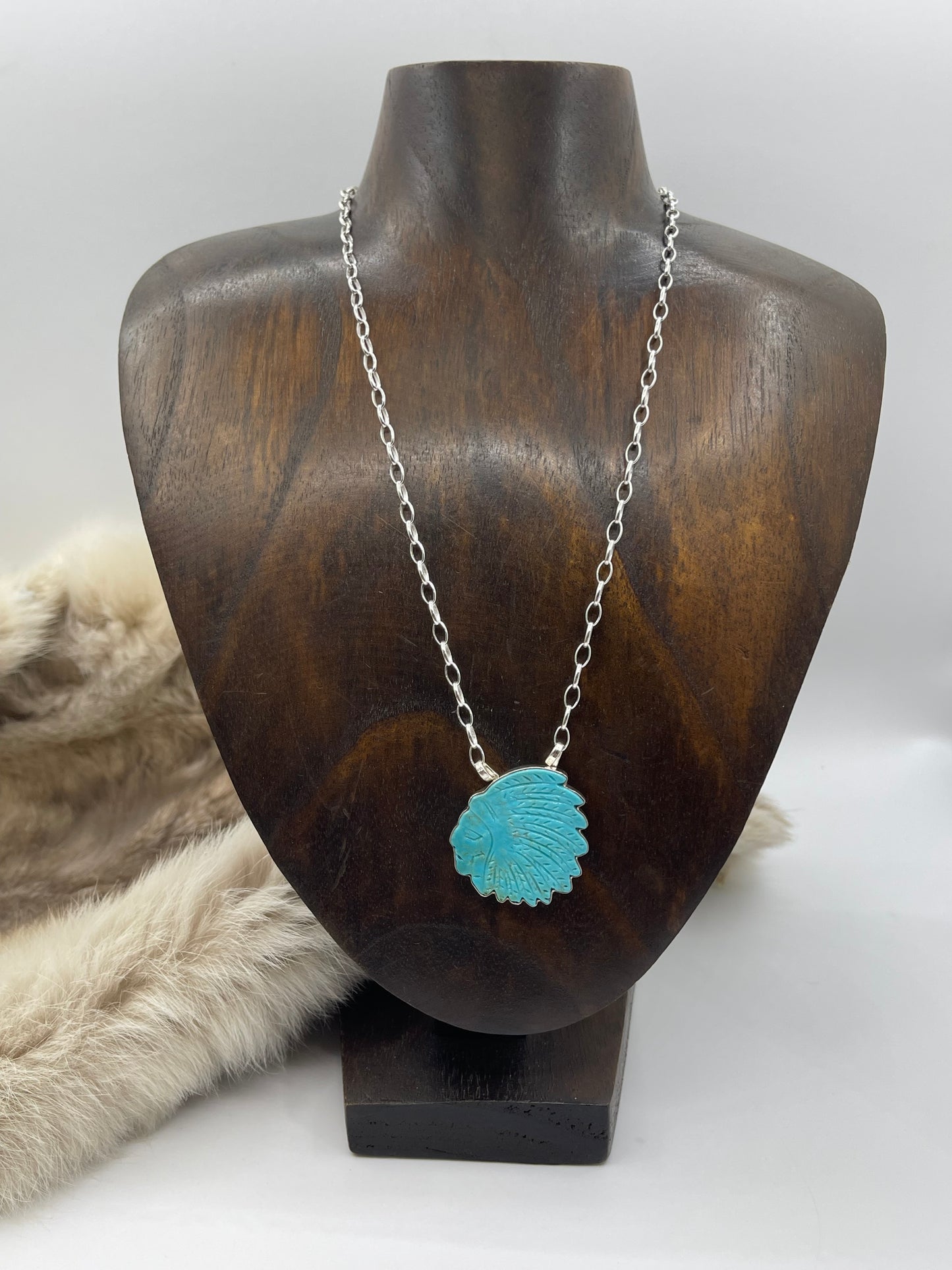 17” Carved Turquoise Indian Chief with Headdress Necklace