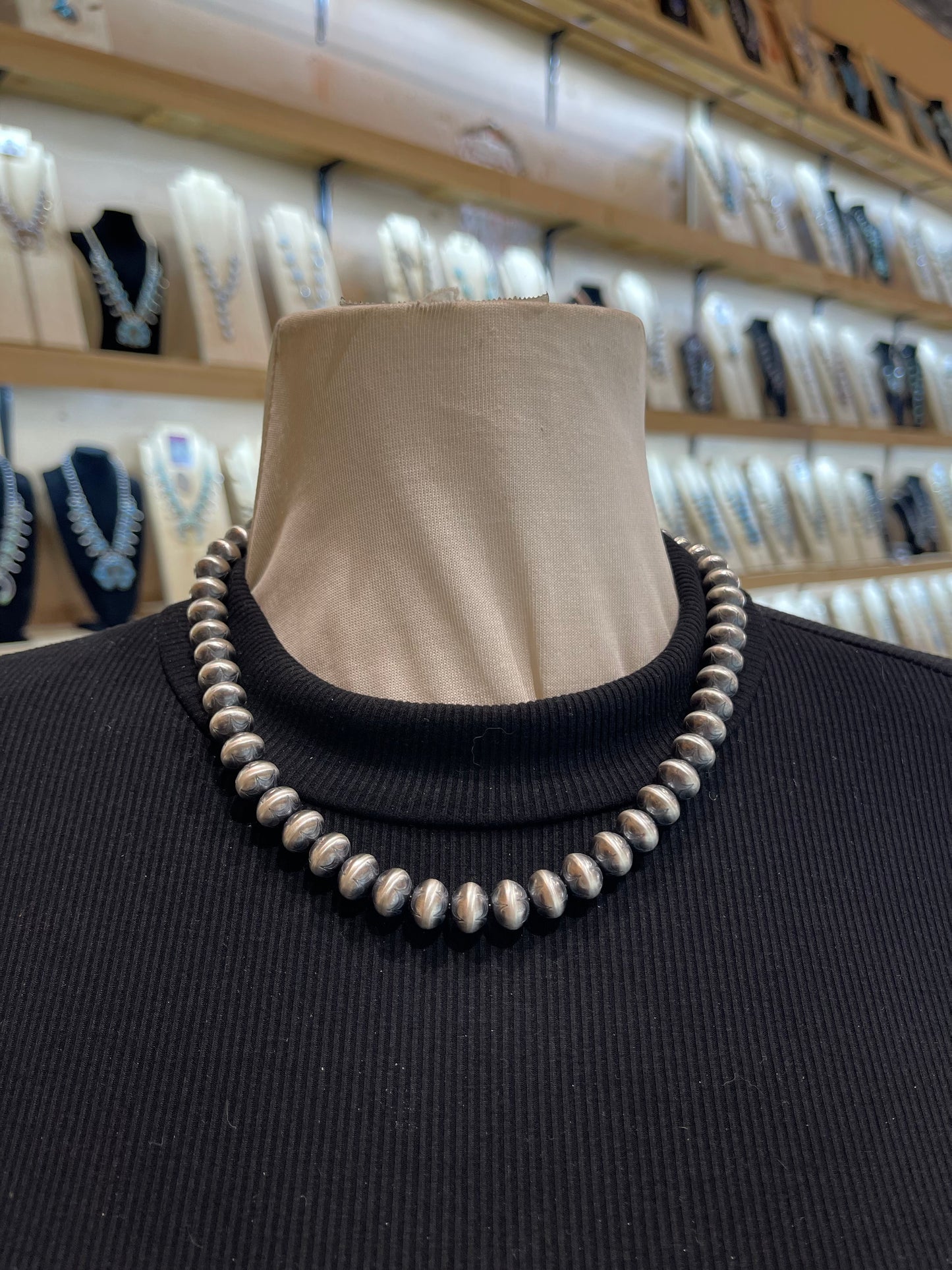 18" 10.25 MM 1/2" Rondelle-Stamped Handmade Pearls by Bryannen Halwood, Navajo