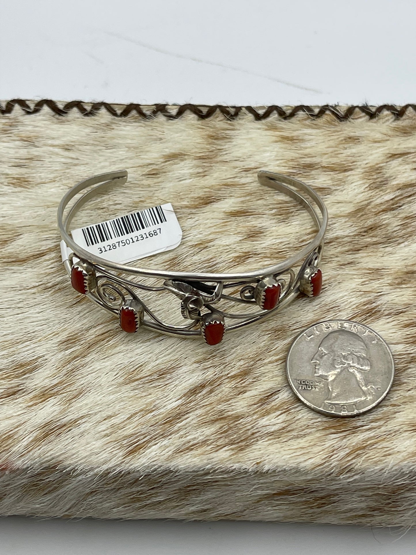 5 1/4" Red Coral 5 Stone Cuff by Carolynn Nez, Navajo