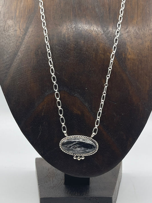 20" Snowflake Obsidian Oval Necklace by Diamalene Arthur, Navajo