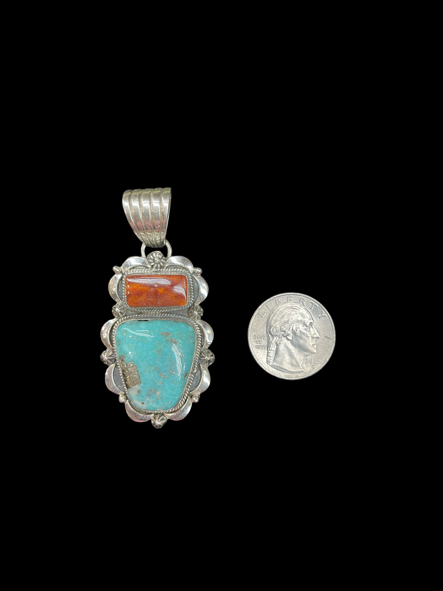 2 Stone Red Spiny Oyster Shell and Turquoise Pendant