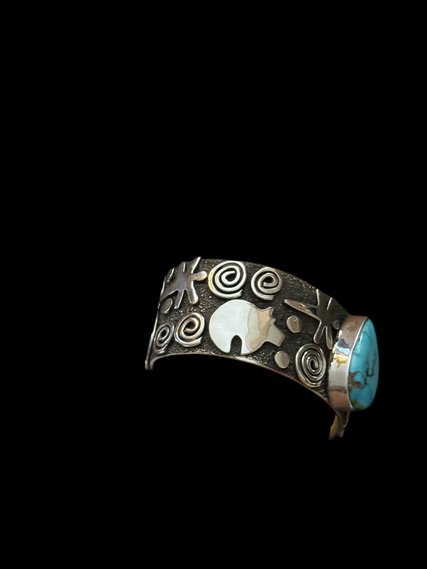 Petroglyph Cuff with High Grade Kingman Turquoise by Alex Sanchez, Navajo (medium width)