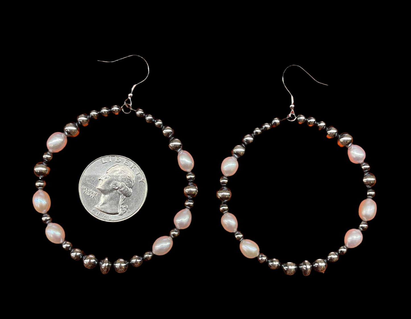 Graduated Navajo Pearl and Freshwater Pearl Hoop Dangle Earrings