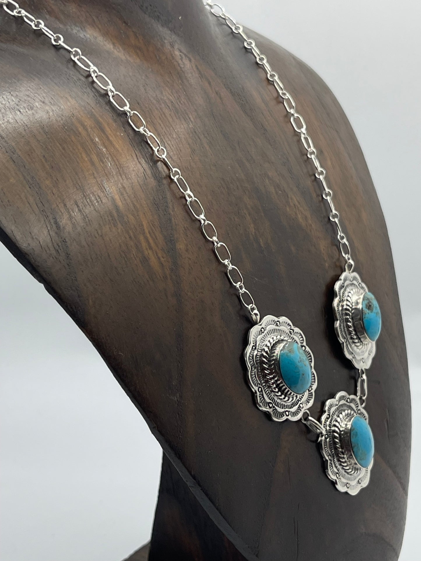 16" 3 Stone Turquoise Concho Necklace by Gwendolyn Burnside, Navajo
