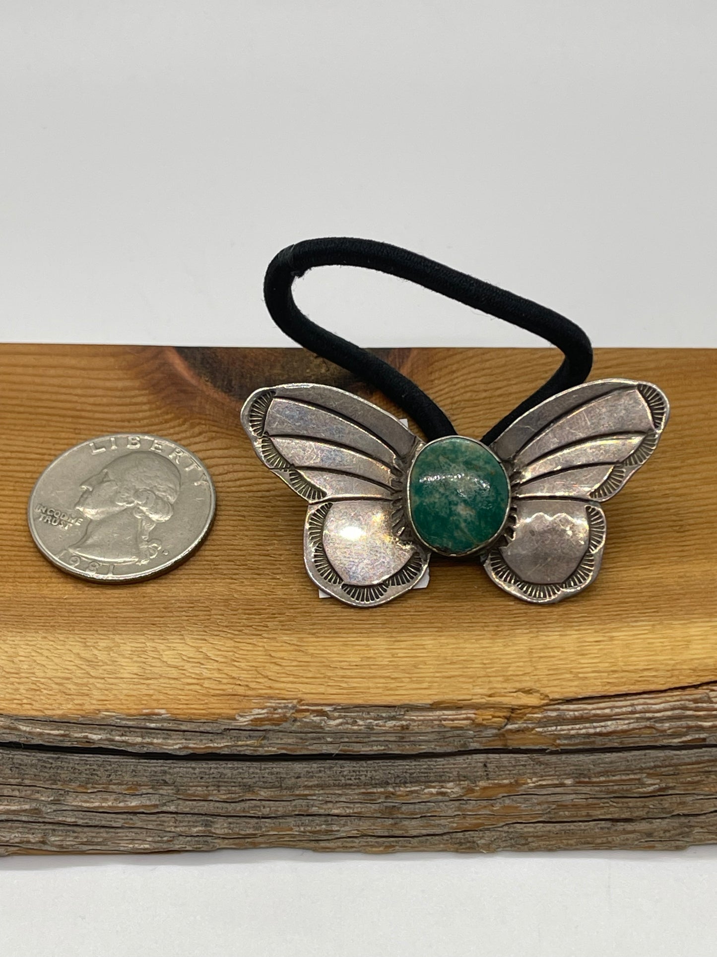 Silver Butterfly Ponytail Holder with Turquoise by Rick Enriquez, Navajo