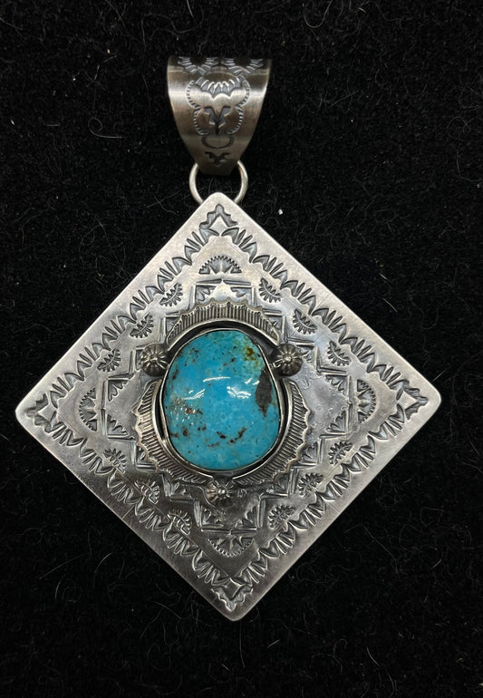 Sterling Silver Square Shaped Pendant with Kingman Turquoise Stone 12mm Bale Pendant by Harold Joe, Navajo