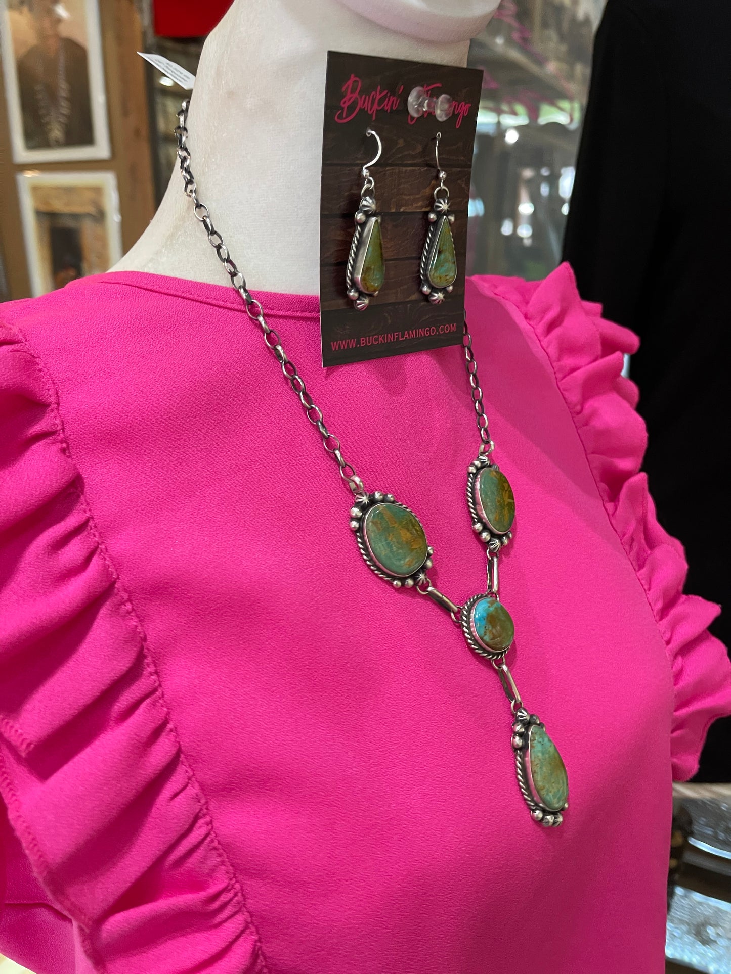 20" Turquoise Lariat Necklace and Dangle Earrings Set by Augustine Largo, Navajo