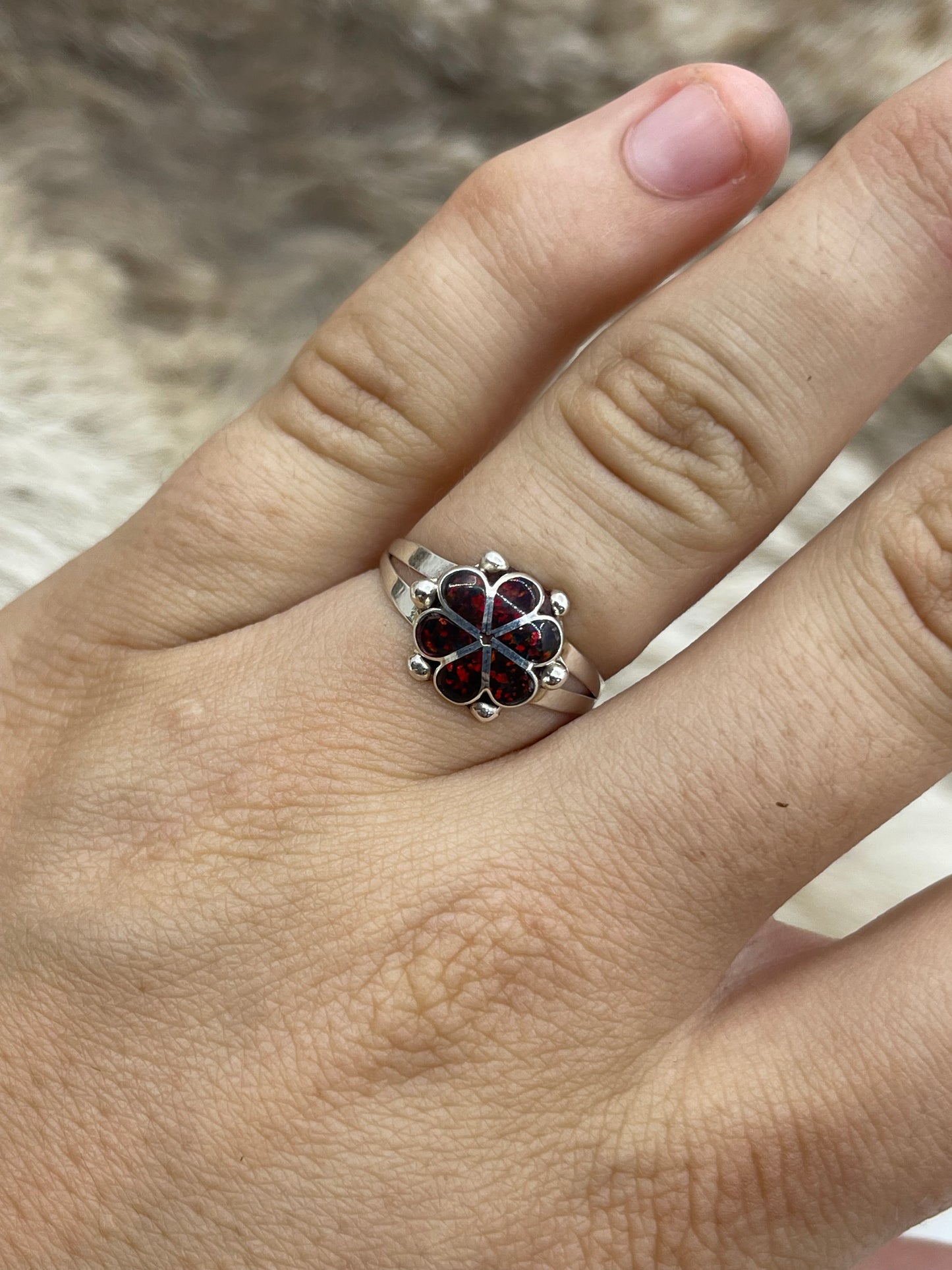 8.0 Maroon Opal Ring by Bernadette Hattie, Zuni