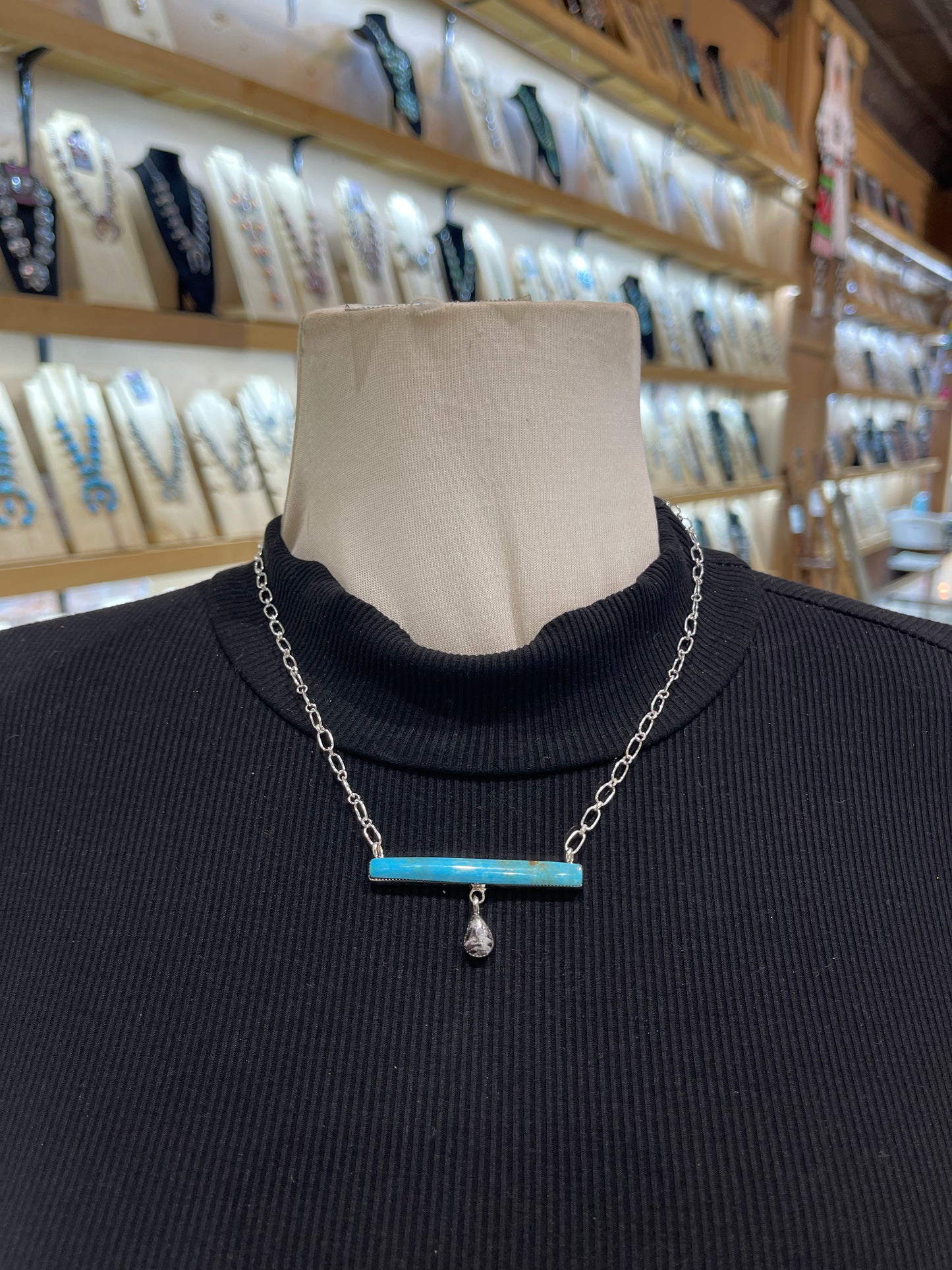 17" Turquoise Bar Necklace with White Buffalo Teardrop by Sheena Jack, Navajo