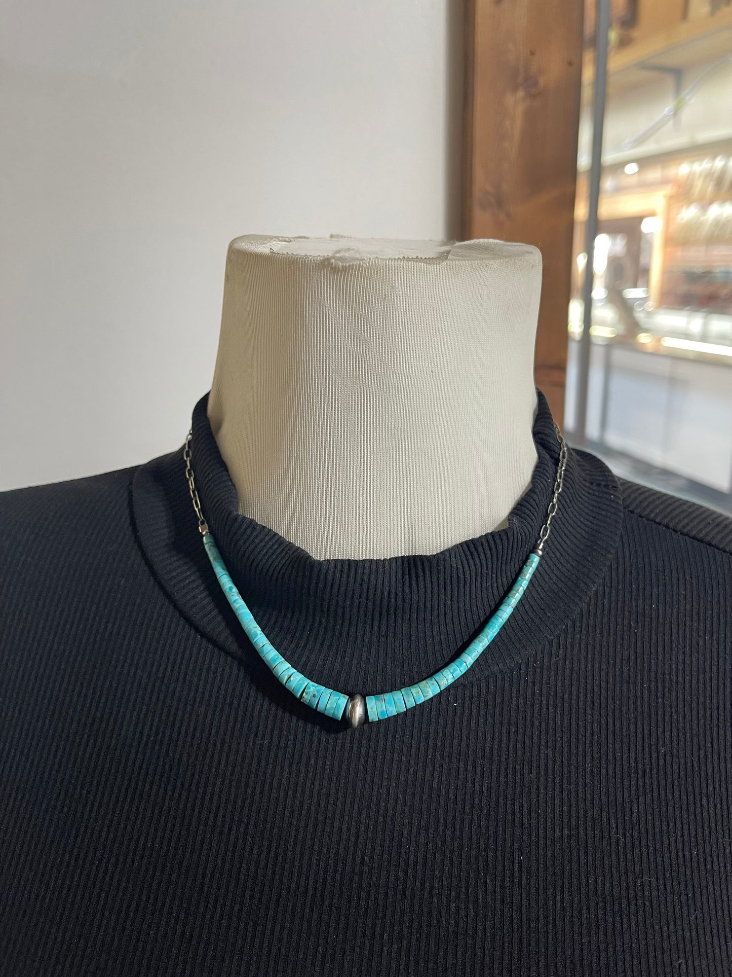 17" Graduated Turquoise Heishi Bead with Navajo Style Pearl Necklace on Paperclip Chain
