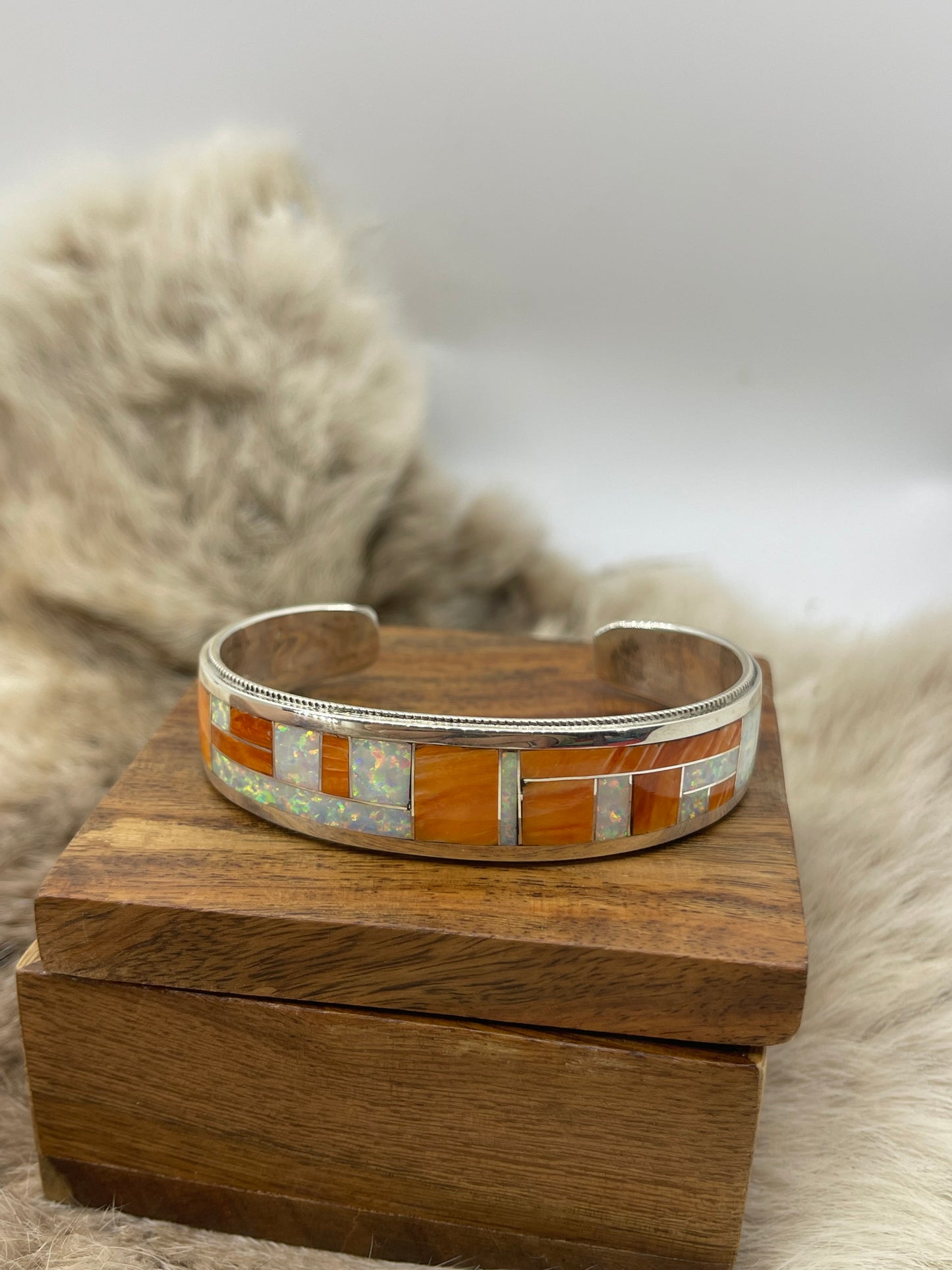 6.5" Orange Spiny & White Opal Inlay by Glendora Boogua