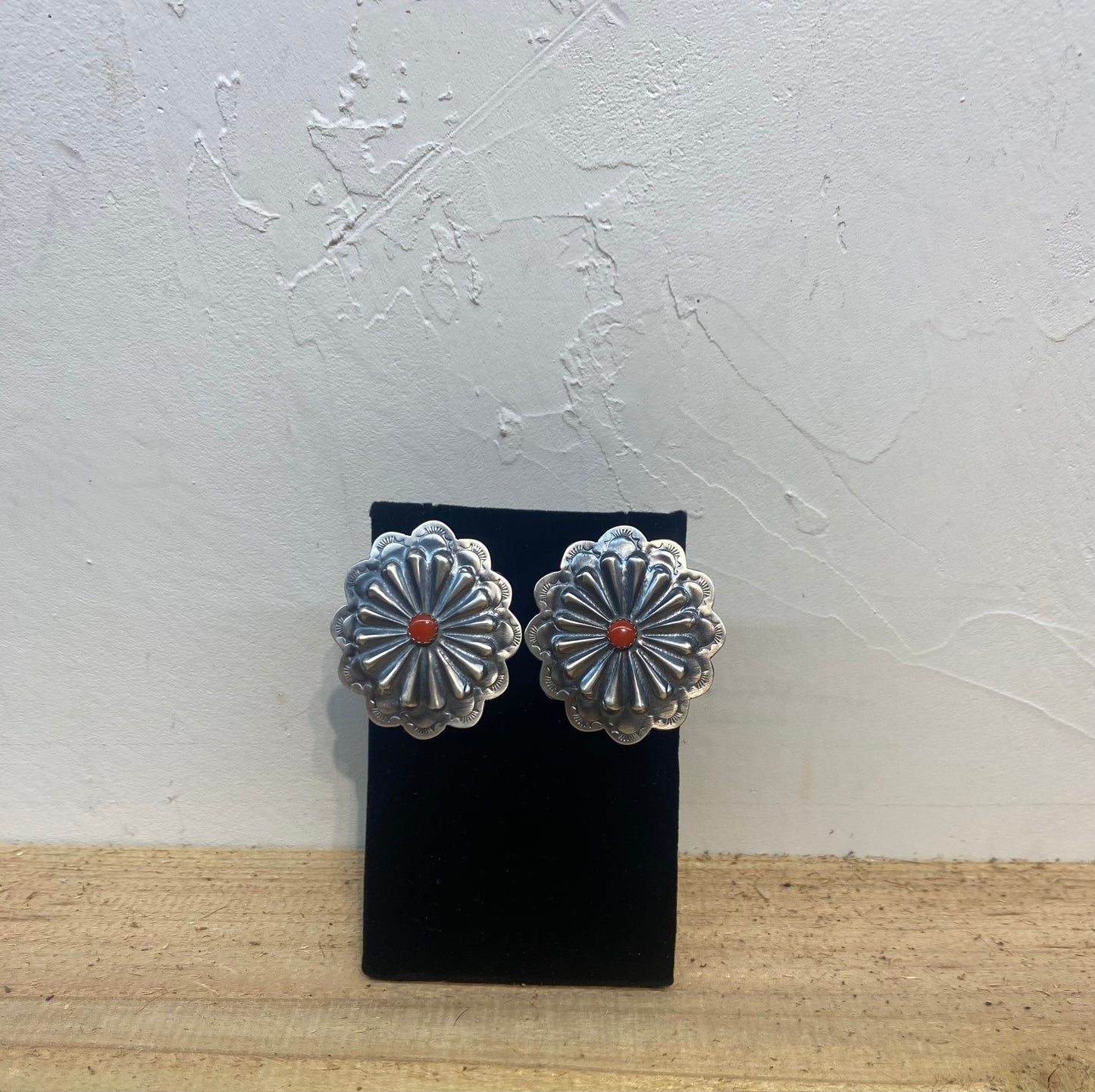Hand Stamped Sterling Silver Concho with Coral Earrings by Rita Daye