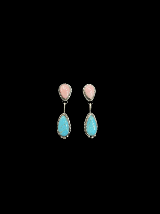 Pink Conch Shell and Turquoise Teardrop Post Dangle Earrings Freda Martinez, Navajo