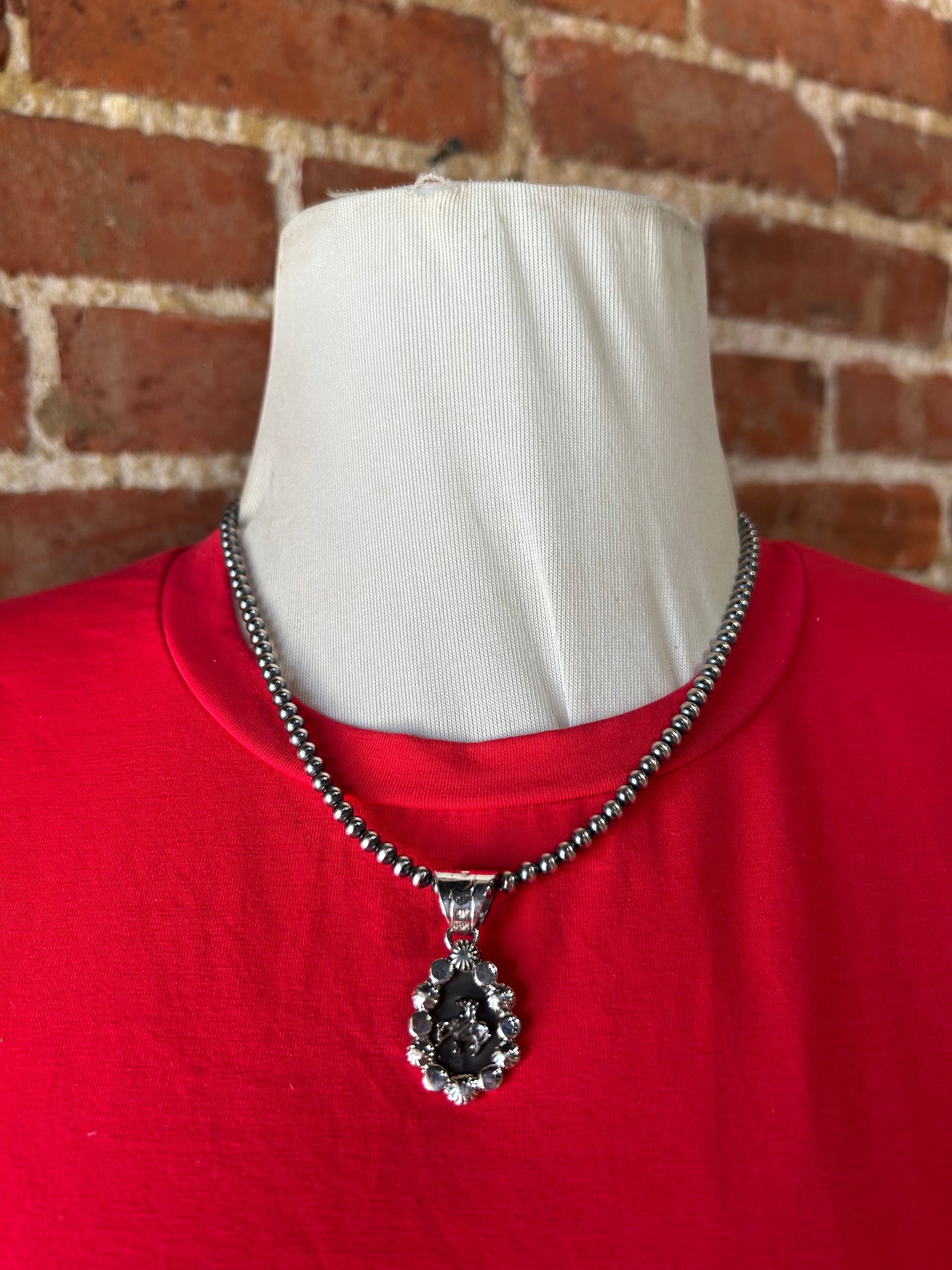 18" 4mm Navajo Pearls Necklace with Silver Trail Rider Pendant by Daniel Dakai, Navajo