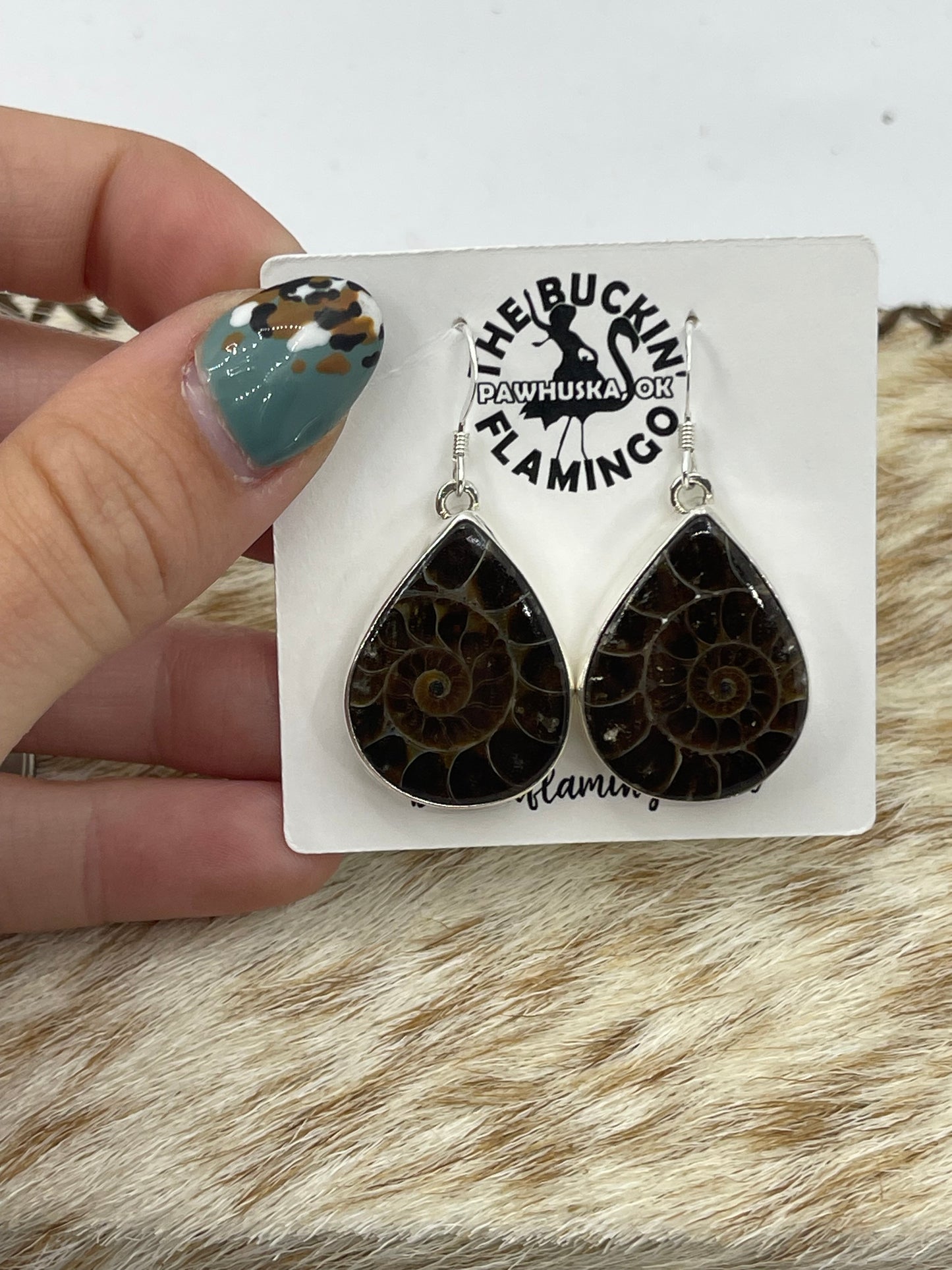 Teardrop Moroccan Ammonite Fossil Dangle Earrings by Dvane Smith, Navajo