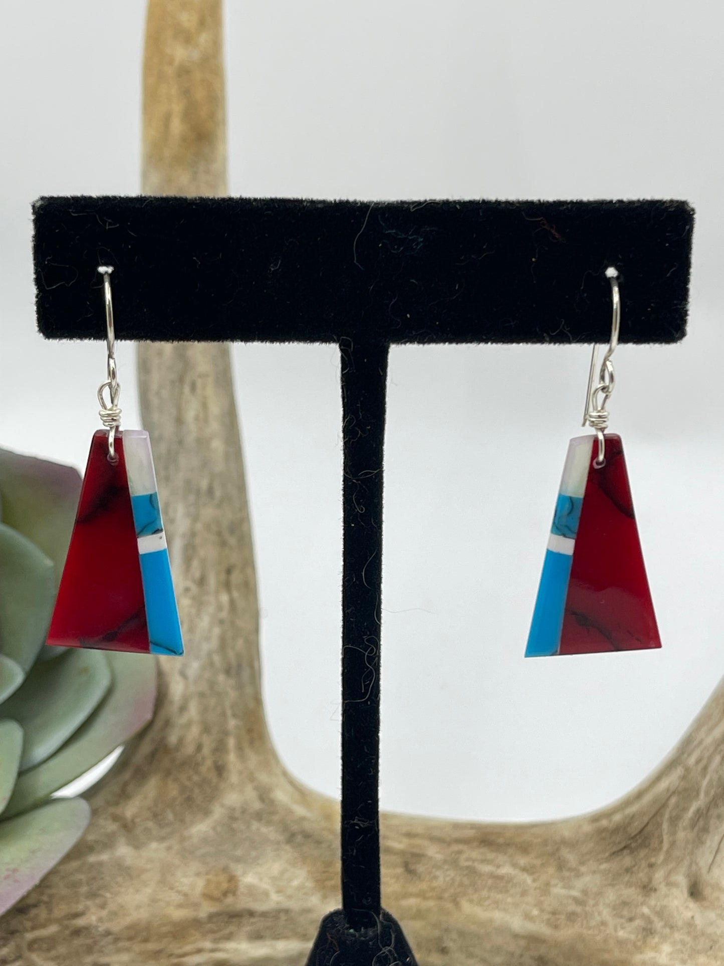 2" Red Coral and Turquoise Dangle Earrings