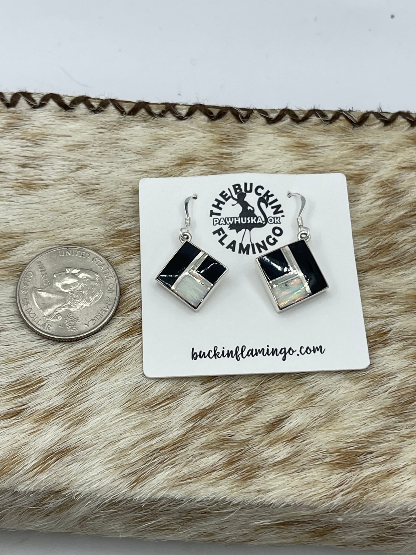 Black Onyx and White Opal Inlay Dangle Earrings by James Manygoats, Navajo