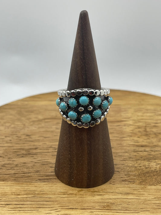 7.0 10 Stone Turquoise Ring by Kenny Lonjose, Navajo