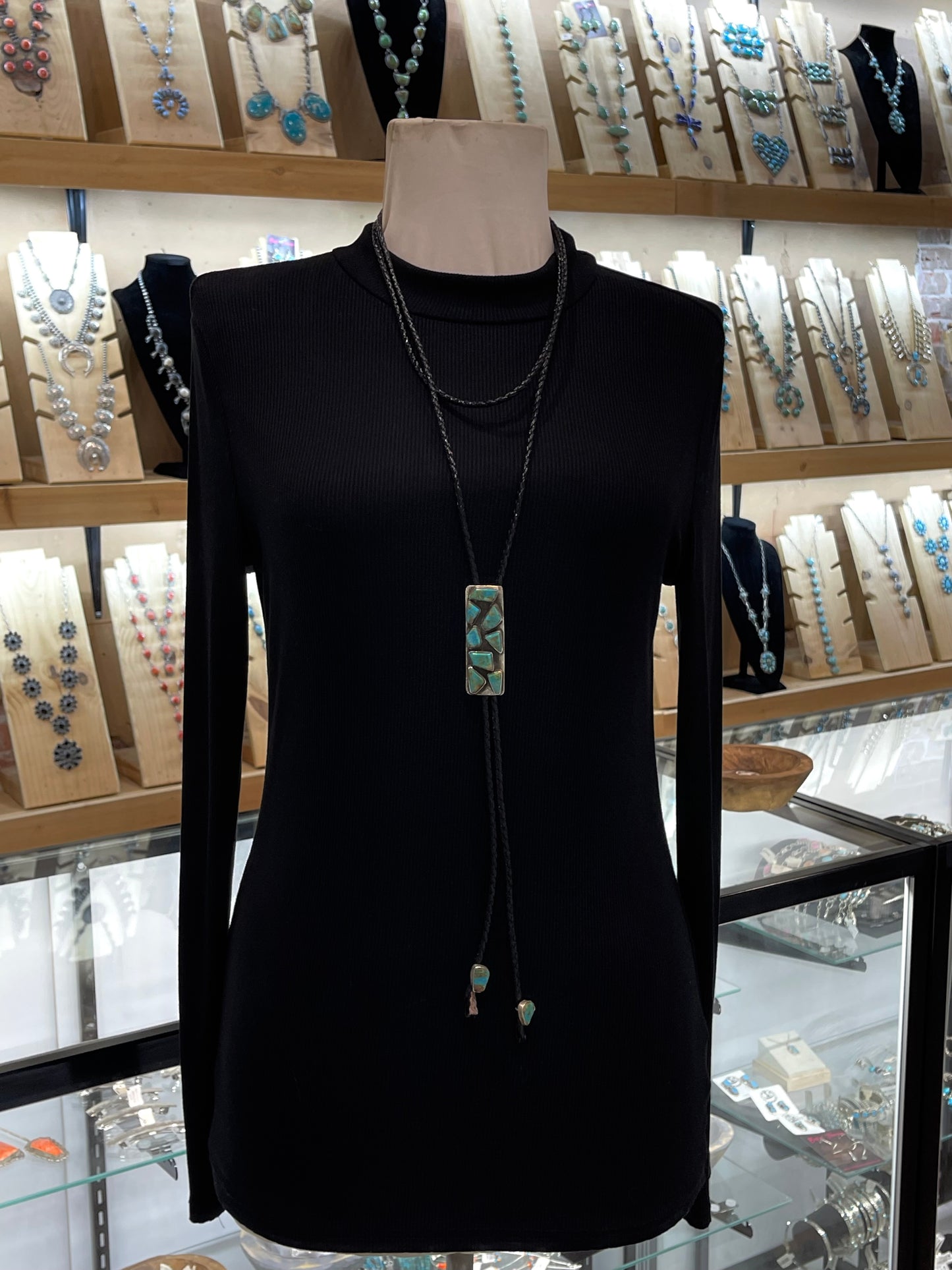 Double Wrap Bolo Tie with Turquoise Stones by Jude Candeleria, Zuni