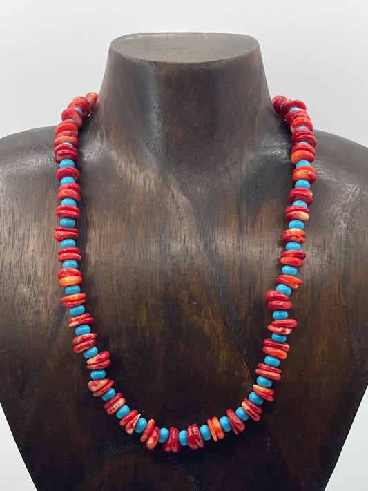 Red Coral and Turquoise Necklace 10mm 18"