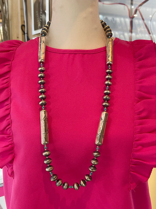 32" 13mm Handmade Navajo Pearls & Dangle Earring Set by Sharon Cooley,l Navajo